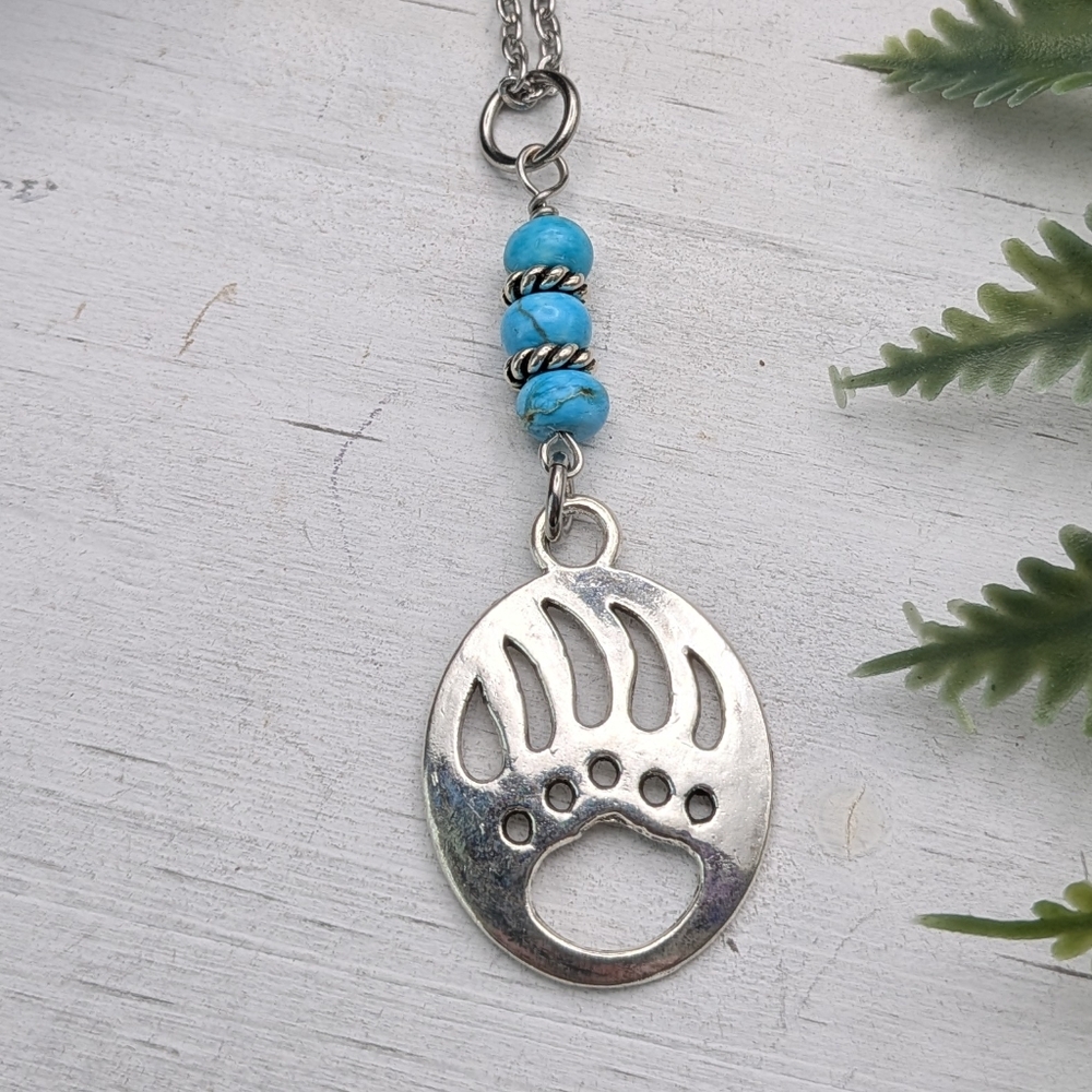Silver Bear Paw Pendant Necklace with Turquoise Beads - Picture 5 of 6